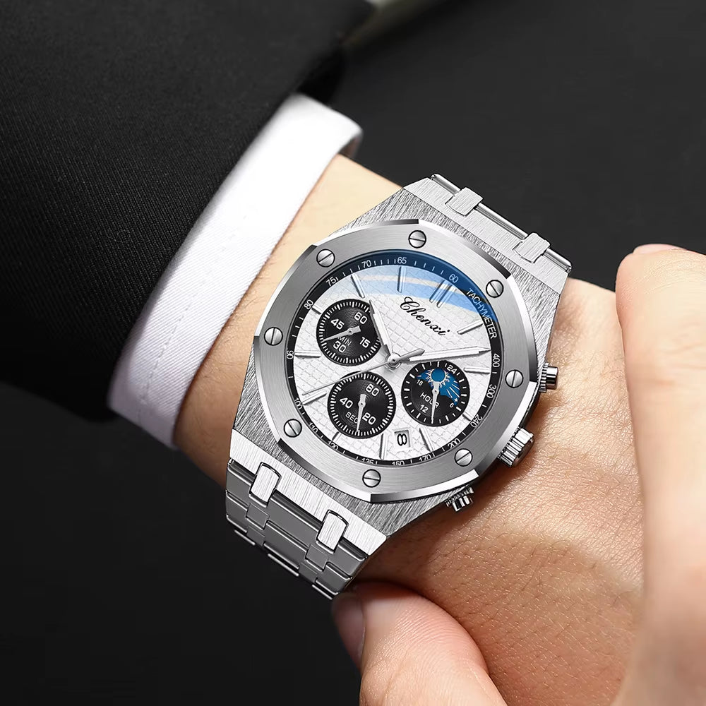 Luxury High Quality Watch for Men Stainless Steel Chronograph Quartz Wristwatches Fashion Sports Waterproof Watches Male