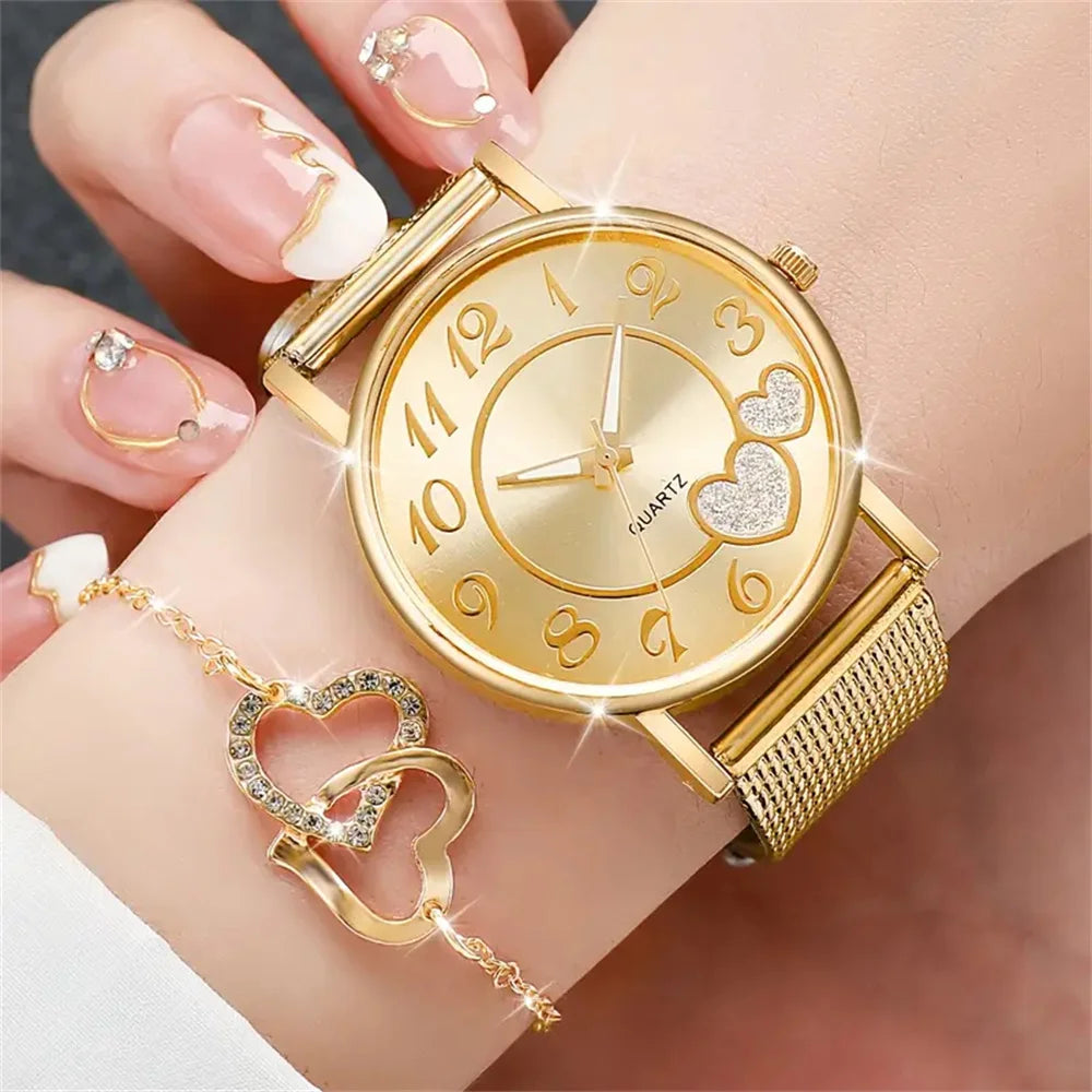 6Pcs/Set Fashion Heart Women'S Watch Plastic Band Analog Golden Quartz Watches Butterfly Jewelry Set(Without Box)