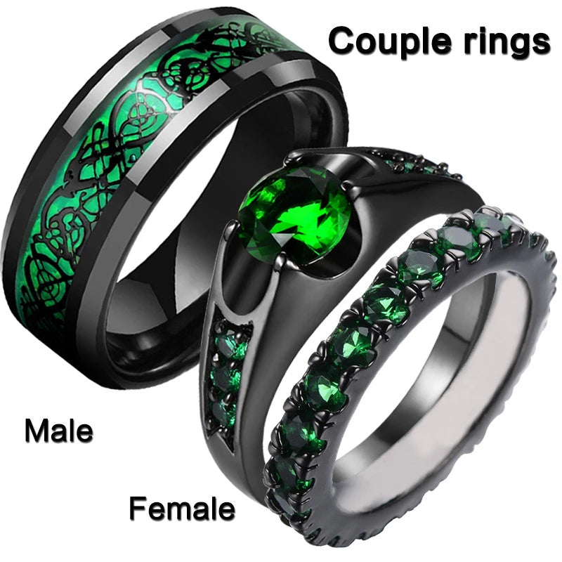 New Emerald Green Zircon Couple Rings for Women Jewlery Bridal Sets Man Balck Wedding Bands Dragon Pattern Stainless Steel Ring