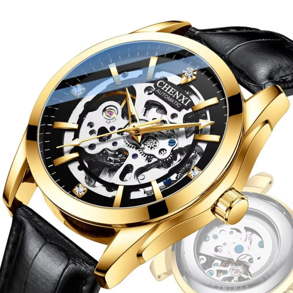 Watches for Men 8821 Automatic Mechanical Wristwatch Waterproof Luminous Hollow Leather Strap Mens Watch Reloj Hombre