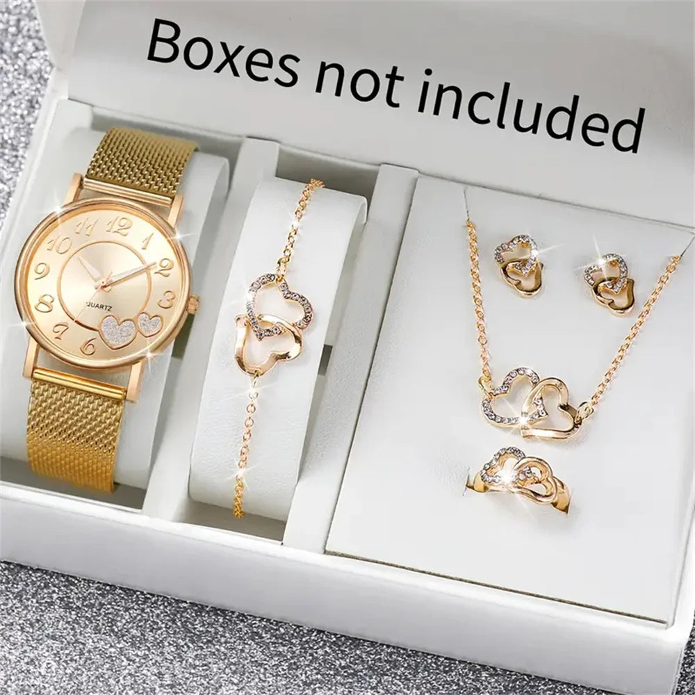 6Pcs/Set Fashion Heart Women'S Watch Plastic Band Analog Golden Quartz Watches Butterfly Jewelry Set(Without Box)