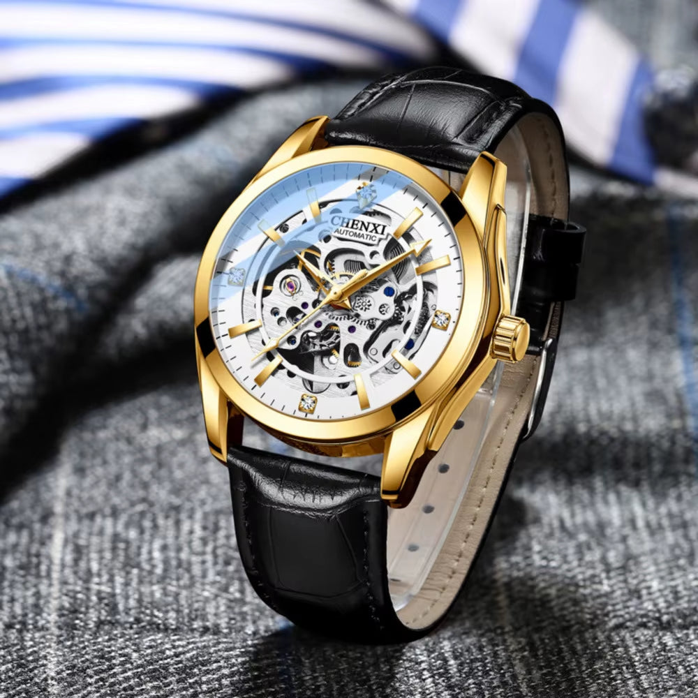 Watches for Men 8821 Automatic Mechanical Wristwatch Waterproof Luminous Hollow Leather Strap Mens Watch Reloj Hombre