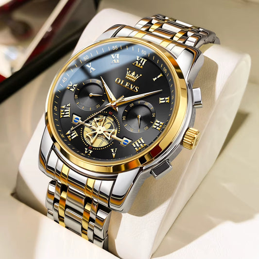 Watch for Men Luxury Multifunction Waterproof Luminous Stainless Steel Calendar/Week Display Business Top Quartz Men Watch