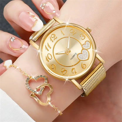 6Pcs/Set Fashion Heart Women'S Watch Plastic Band Analog Golden Quartz Watches Butterfly Jewelry Set(Without Box)