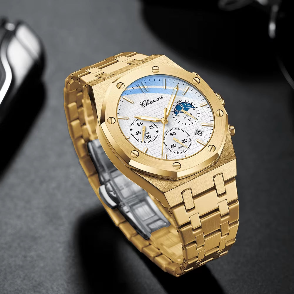 Luxury High Quality Watch for Men Stainless Steel Chronograph Quartz Wristwatches Fashion Sports Waterproof Watches Male
