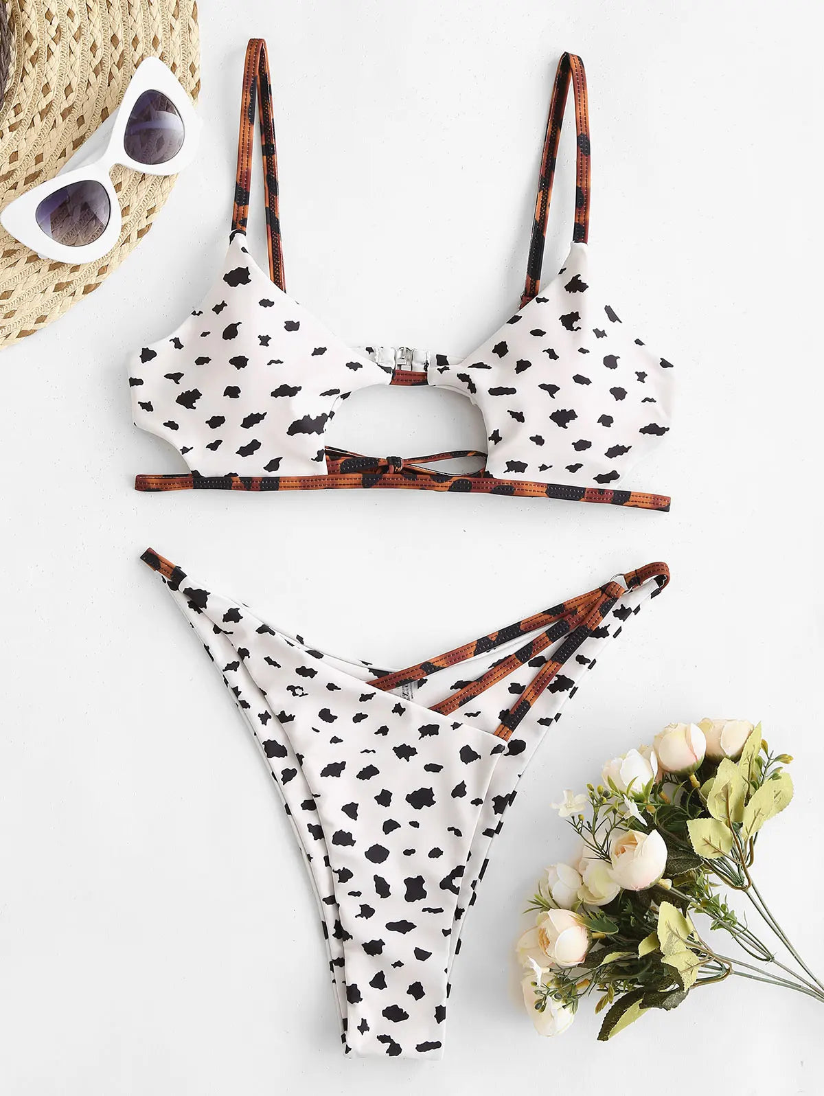 Bikini Swimwear Animal Print Cut Out Strappy High Waist Strapless Sexy Bikini Set Pure Color Women Swimsuit Bathing Suit