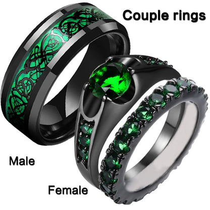 New Emerald Green Zircon Couple Rings for Women Jewlery Bridal Sets Man Balck Wedding Bands Dragon Pattern Stainless Steel Ring