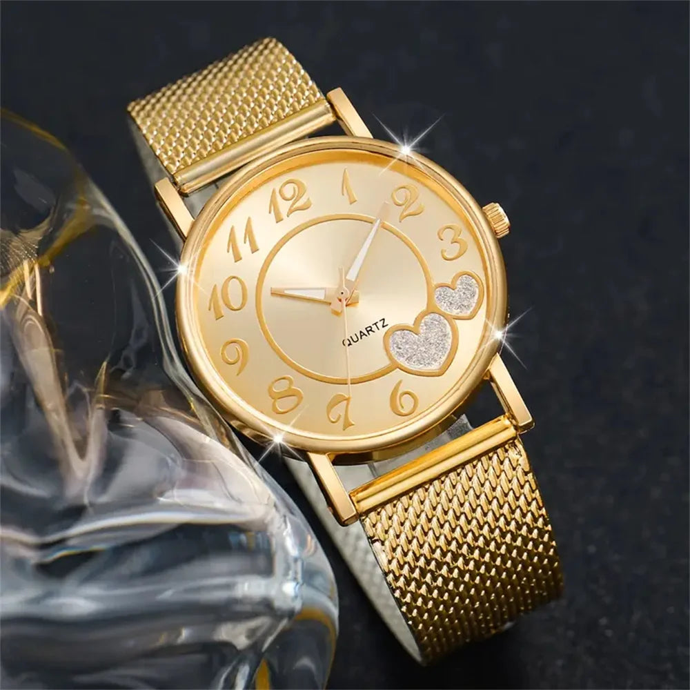 6Pcs/Set Fashion Heart Women'S Watch Plastic Band Analog Golden Quartz Watches Butterfly Jewelry Set(Without Box)