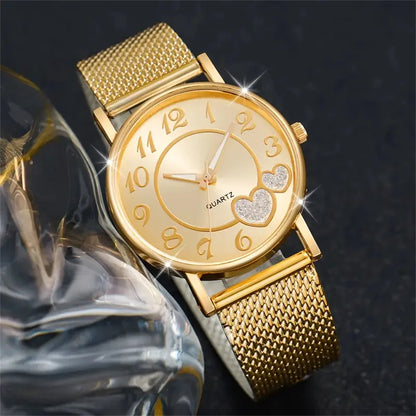 6Pcs/Set Fashion Heart Women'S Watch Plastic Band Analog Golden Quartz Watches Butterfly Jewelry Set(Without Box)