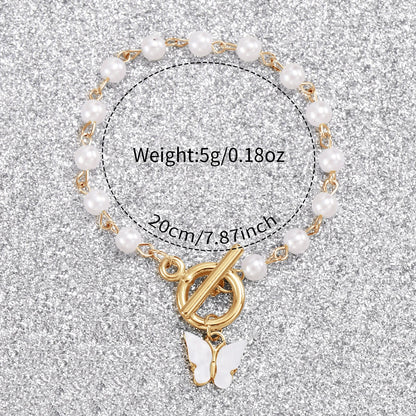 2Pcs/Set Women'S Watch Fashion Plastic Band Analog Quartz Watch Pearls Butterfly Bracelet Set