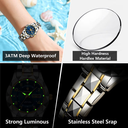 Luxury Women'S Watches Waterproof Luminous Date Week Ladies Watch for Female Quartz Stainless Steel Dress Women Watch