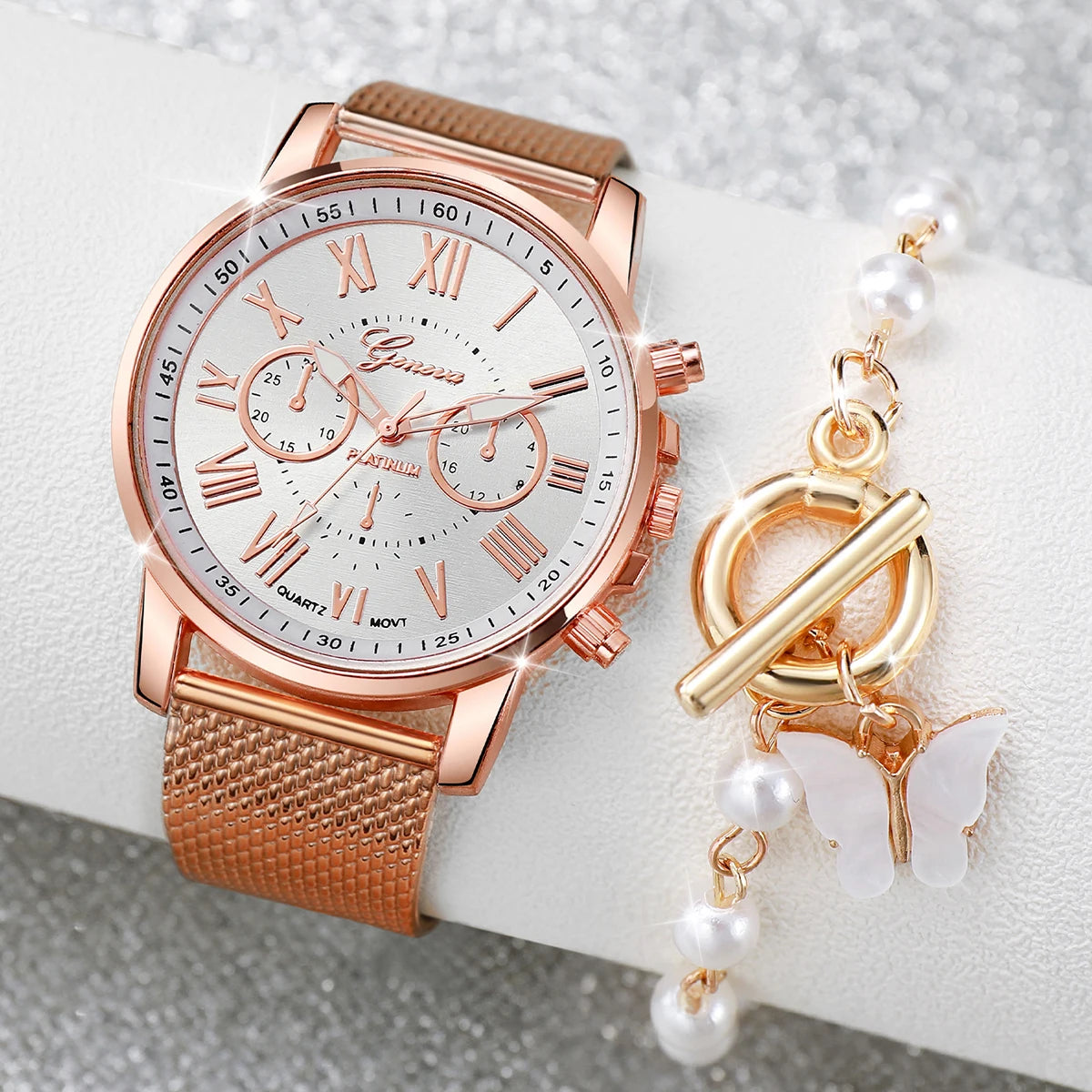 2Pcs/Set Women'S Watch Fashion Plastic Band Analog Quartz Watch Pearls Butterfly Bracelet Set