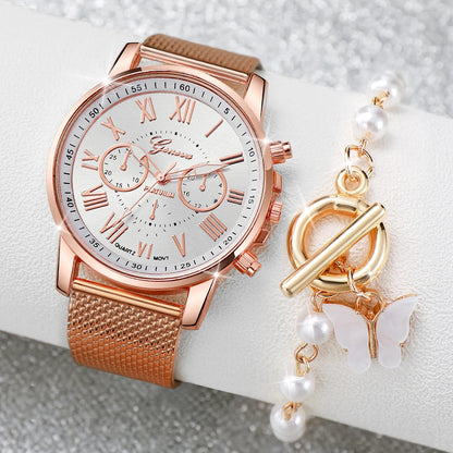 2Pcs/Set Women'S Watch Fashion Plastic Band Analog Quartz Watch Pearls Butterfly Bracelet Set