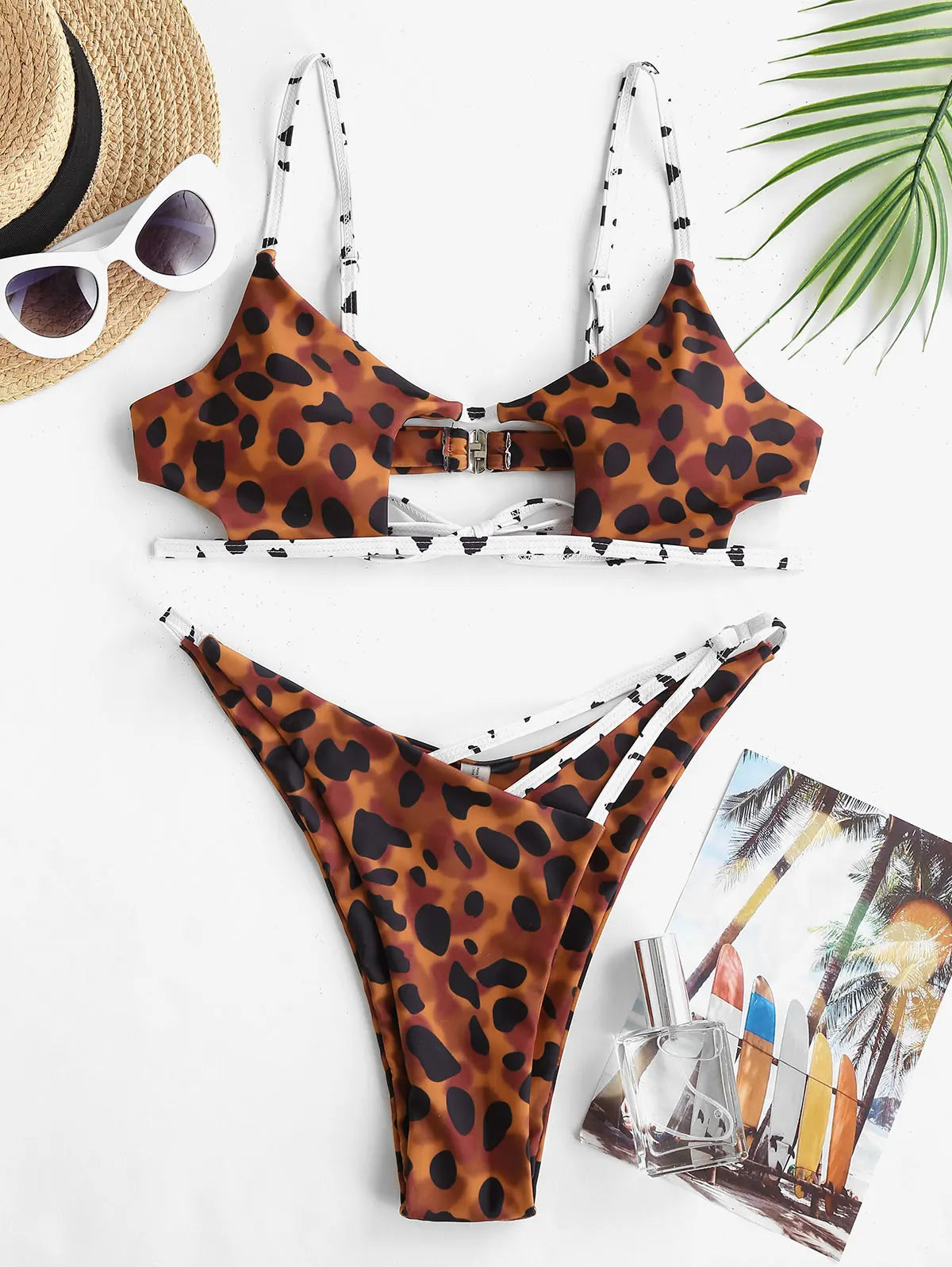 Bikini Swimwear Animal Print Cut Out Strappy High Waist Strapless Sexy Bikini Set Pure Color Women Swimsuit Bathing Suit
