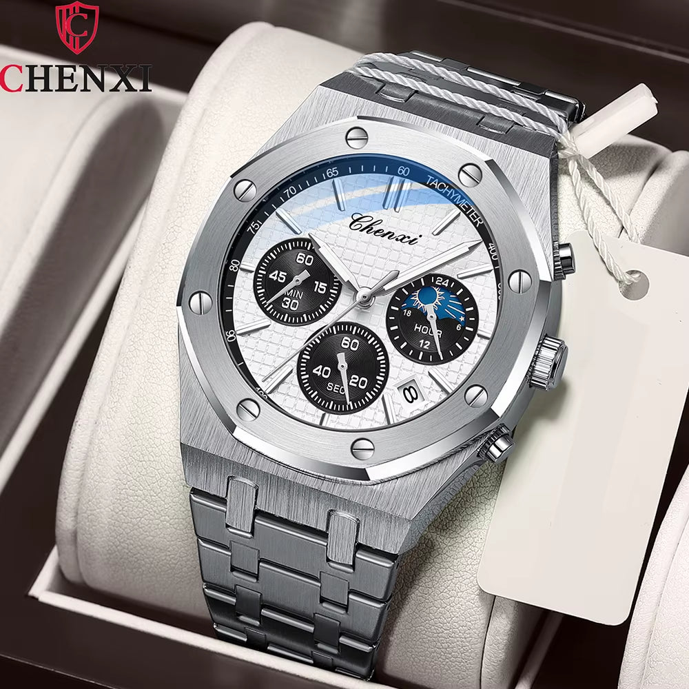 Luxury High Quality Watch for Men Stainless Steel Chronograph Quartz Wristwatches Fashion Sports Waterproof Watches Male