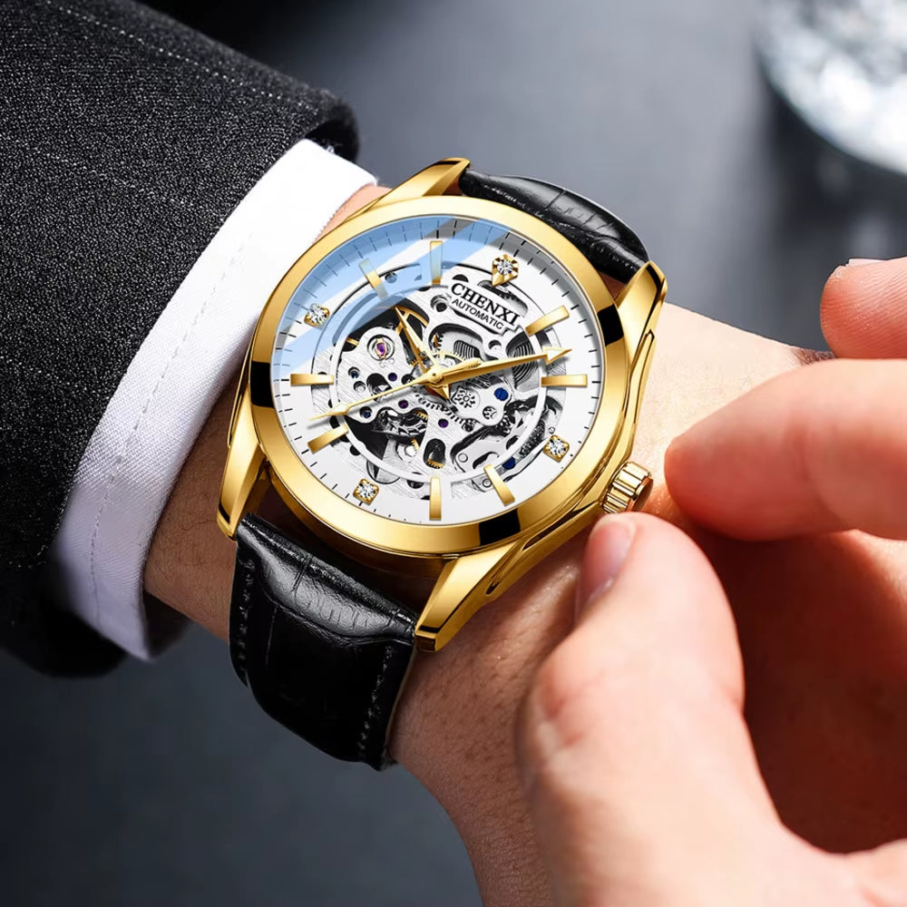 Watches for Men 8821 Automatic Mechanical Wristwatch Waterproof Luminous Hollow Leather Strap Mens Watch Reloj Hombre