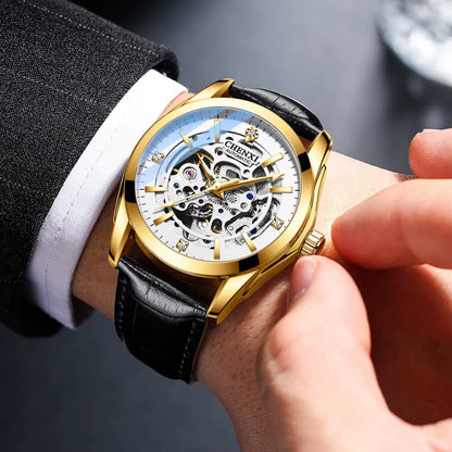 Watches for Men 8821 Automatic Mechanical Wristwatch Waterproof Luminous Hollow Leather Strap Mens Watch Reloj Hombre