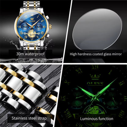 Watch for Men Luxury Multifunction Waterproof Luminous Stainless Steel Calendar/Week Display Business Top Quartz Men Watch