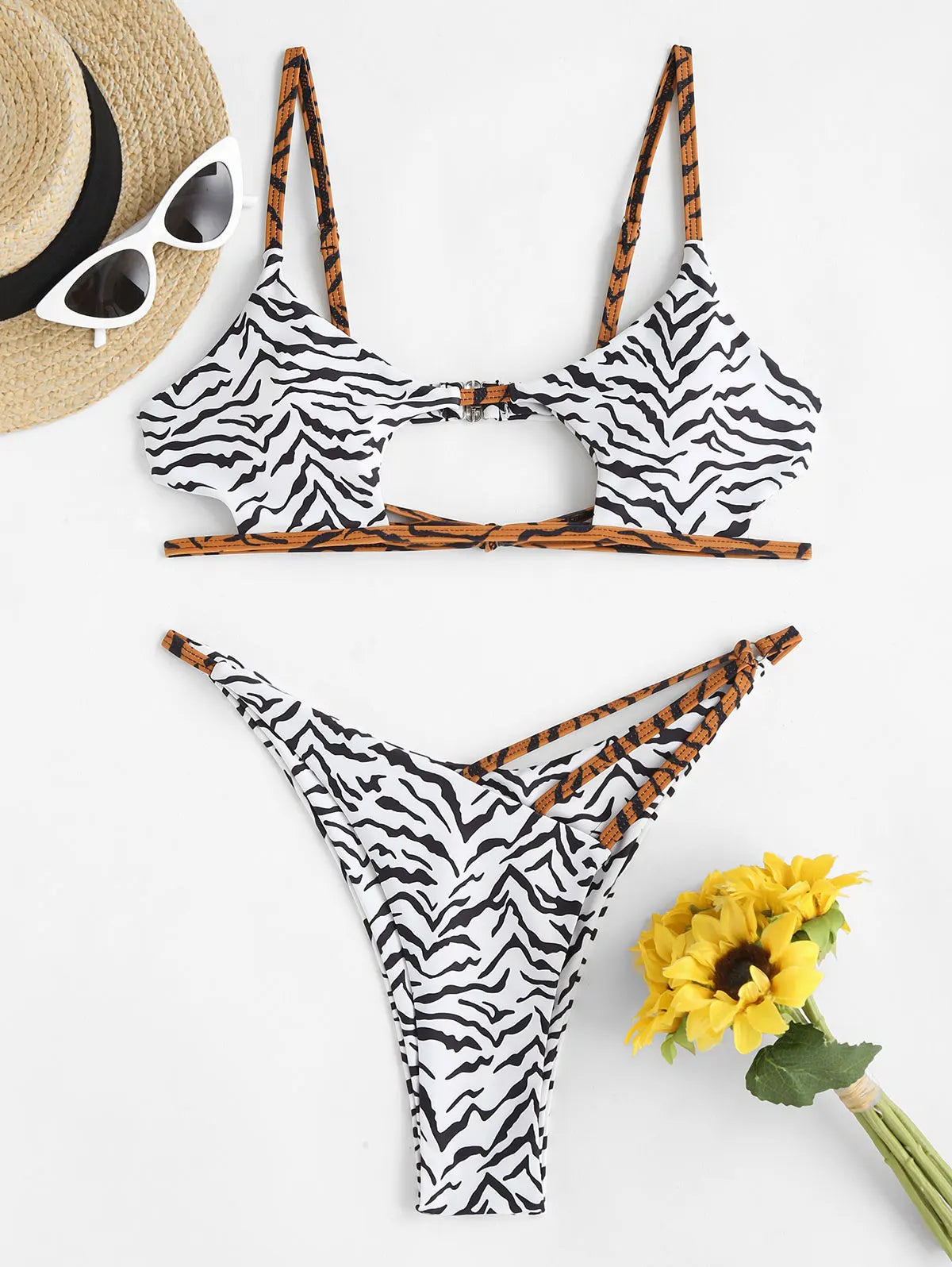 Bikini Swimwear Animal Print Cut Out Strappy High Waist Strapless Sexy Bikini Set Pure Color Women Swimsuit Bathing Suit
