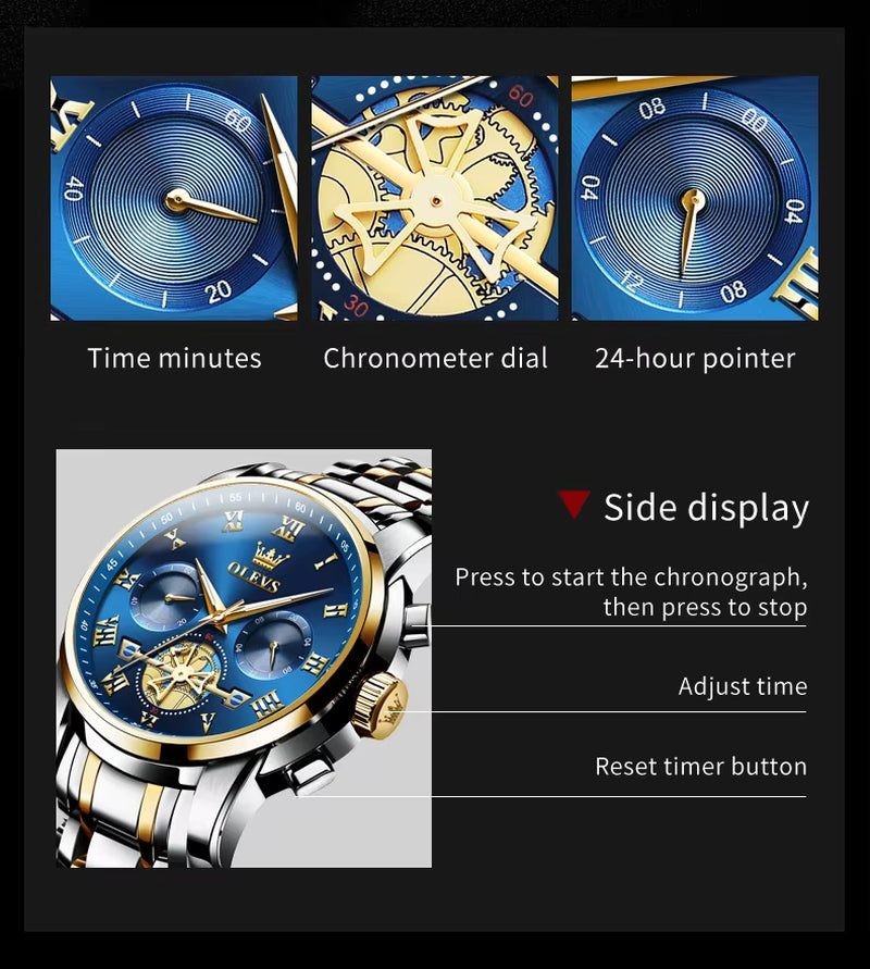Watch for Men Luxury Multifunction Waterproof Luminous Stainless Steel Calendar/Week Display Business Top Quartz Men Watch
