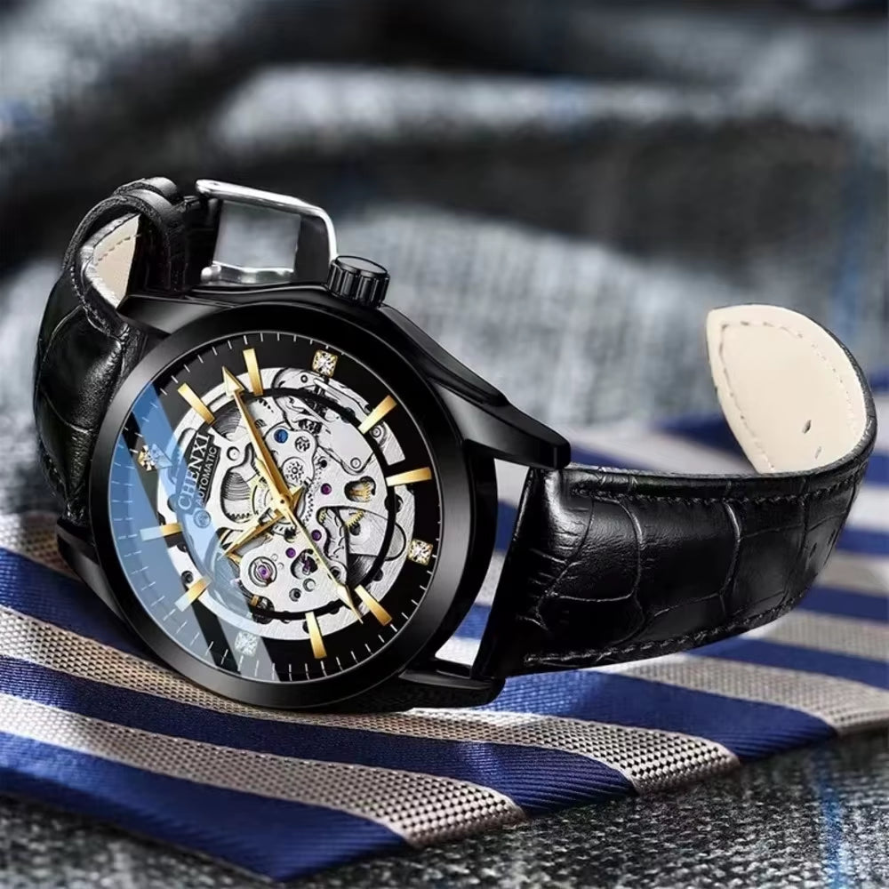 Watches for Men 8821 Automatic Mechanical Wristwatch Waterproof Luminous Hollow Leather Strap Mens Watch Reloj Hombre