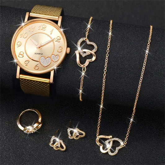 6Pcs/Set Fashion Heart Women'S Watch Plastic Band Analog Golden Quartz Watches Butterfly Jewelry Set(Without Box)