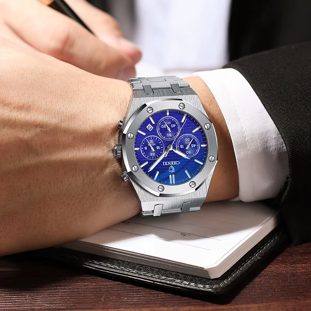 Luxury High Quality Watch for Men Stainless Steel Chronograph Quartz Wristwatches Fashion Sports Waterproof Watches Male