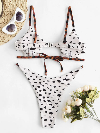 Bikini Swimwear Animal Print Cut Out Strappy High Waist Strapless Sexy Bikini Set Pure Color Women Swimsuit Bathing Suit