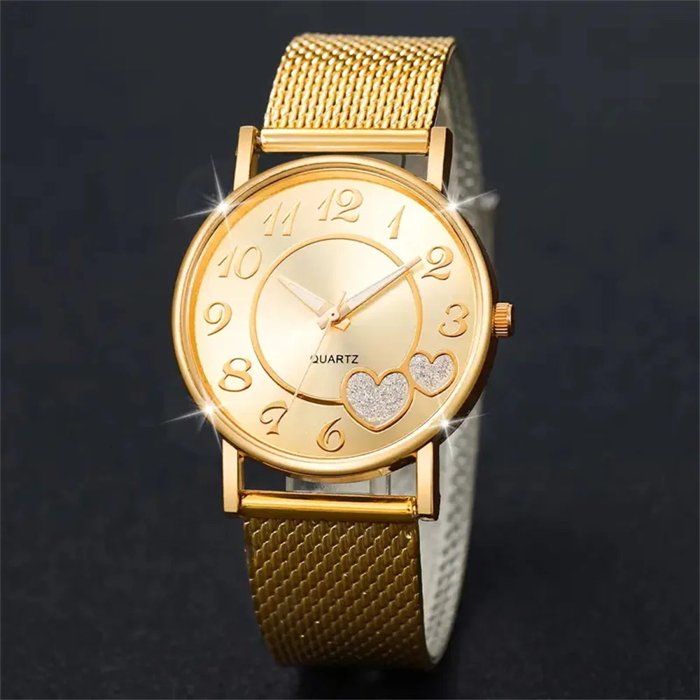 6Pcs/Set Fashion Heart Women'S Watch Plastic Band Analog Golden Quartz Watches Butterfly Jewelry Set(Without Box)