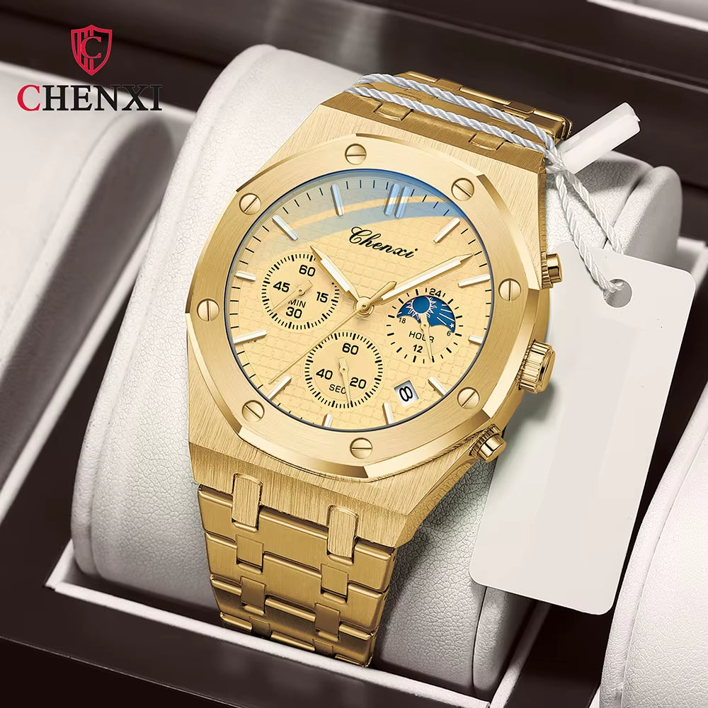 Luxury High Quality Watch for Men Stainless Steel Chronograph Quartz Wristwatches Fashion Sports Waterproof Watches Male